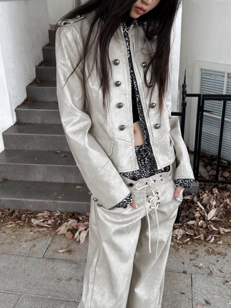 Leopard Pattern Splicing Leather Jacket & Wide Pants【s0000004172】