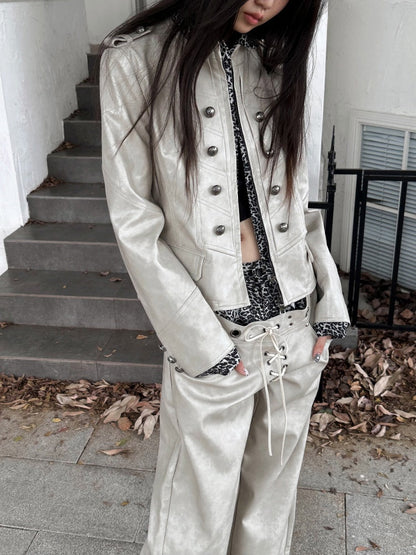 Leopard Pattern Splicing Leather Jacket & Wide Pants【s0000004172】