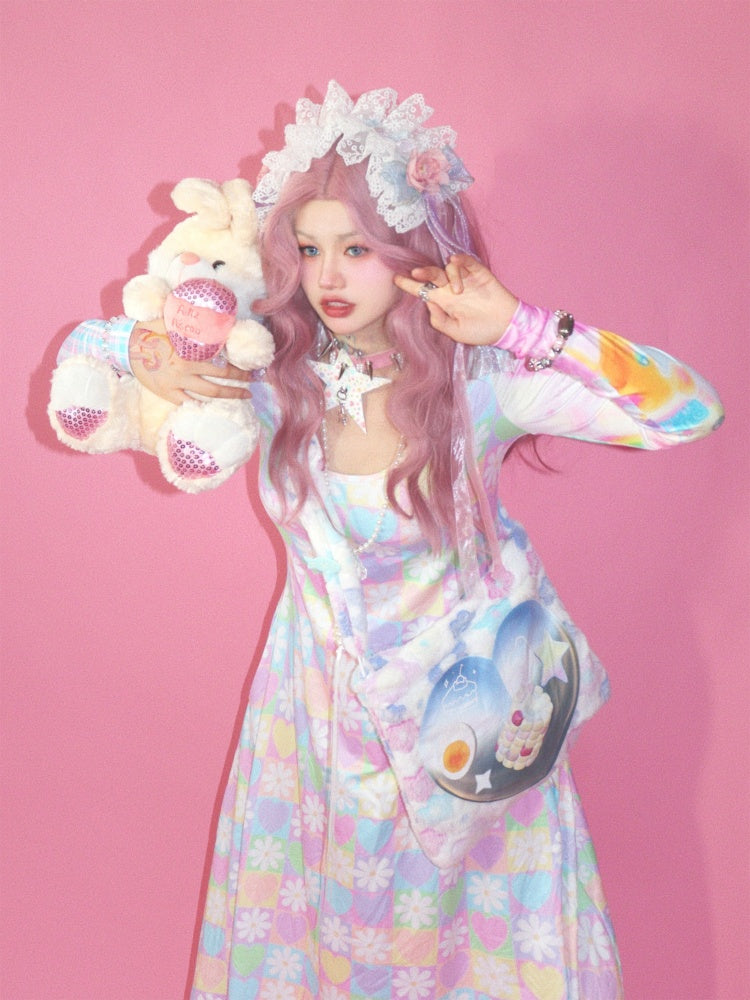 Flower Chess Board Print Long Dress【s0000003569】