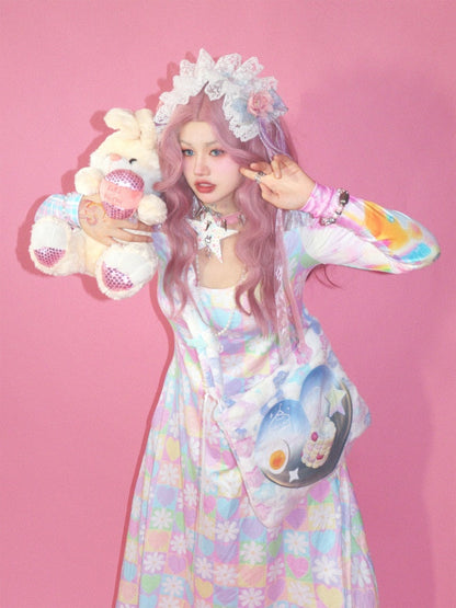 Flower Chess Board Print Long Dress【s0000003569】