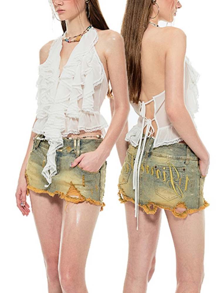 Halter Neck Ruffle Lace Backless Tops【s0000009159】