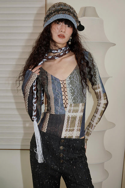 Retro Western Print V-Neck Bodysuit Top