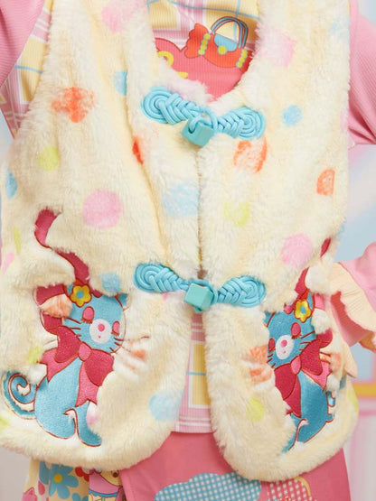 Cartoon Cat Embroidery Fluffy Plush Vest【s0000006674】