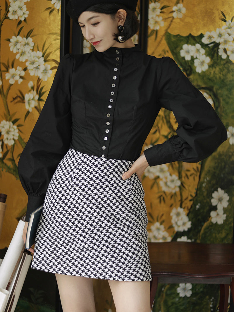 Houndstooth short tweed skirt