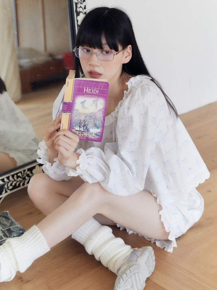 French Blue Kitten Print Relax Room Wear Set【s0000003571】