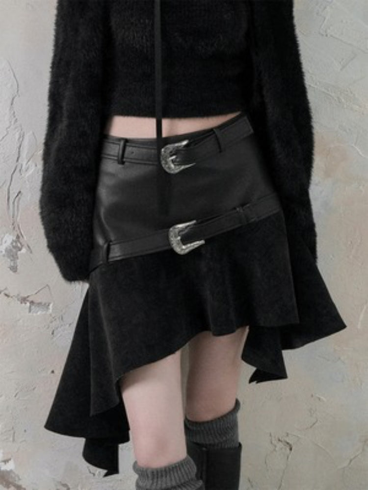 Belt Accent Irregular PU Leather Switching Mini Skirt【s0000004401】