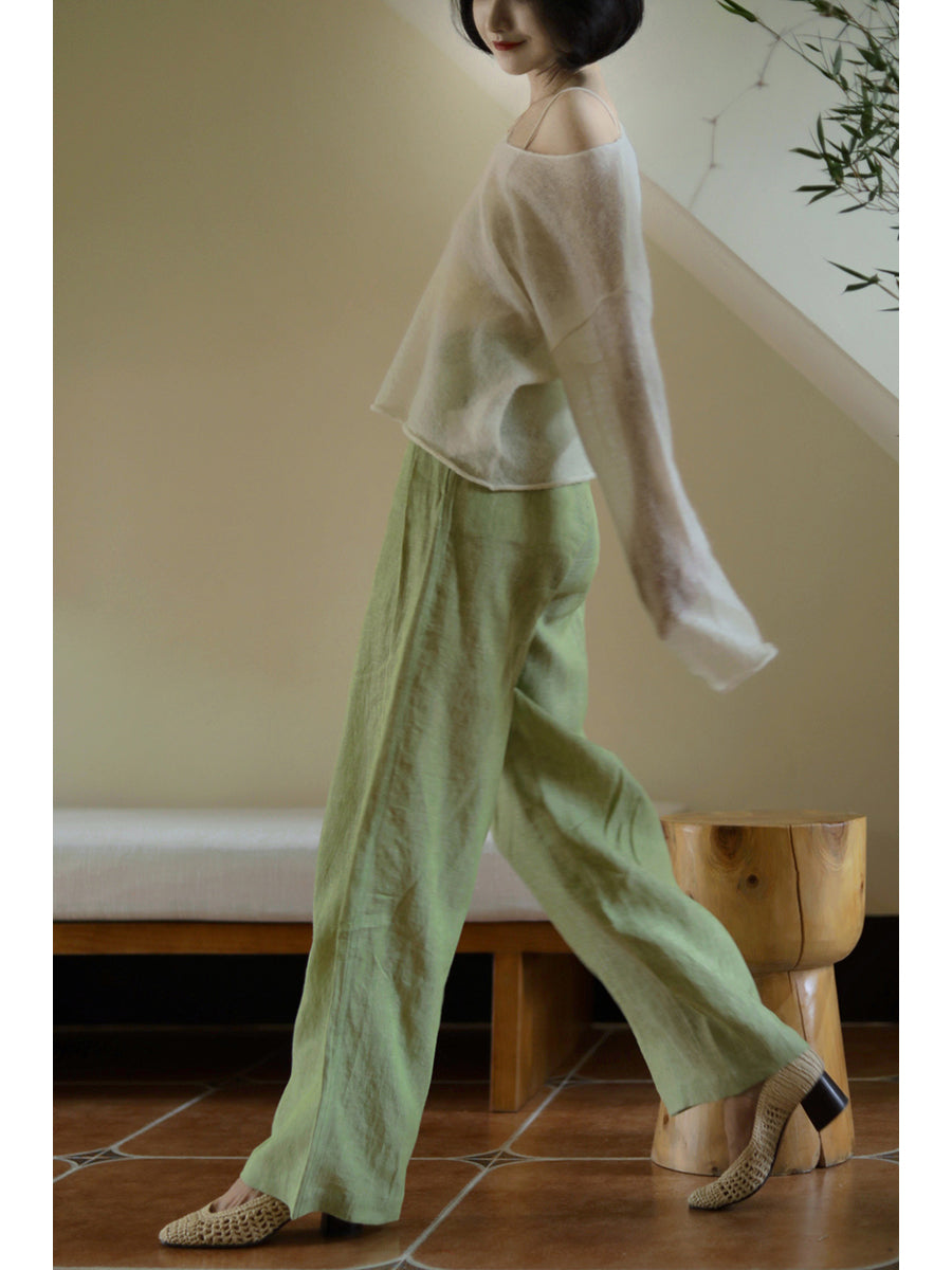 Yellow Light Green Lady Wide Leg Linen Pants