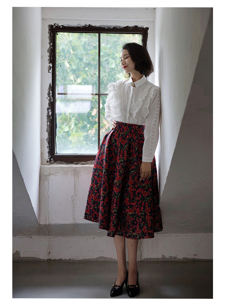 red flower jacquard skirt