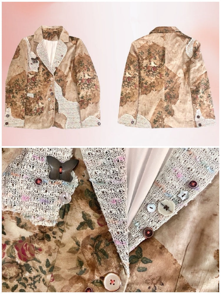 Retro Velvet Splicing Various Buttons Floral Jacket【s0000003586】