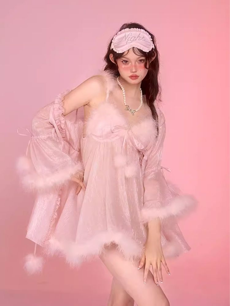 Sexy Pajamas Pink Halter Dress Robe Set【s0000006583】