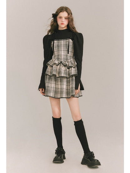 Plaid Cake Skirt Faux Two Piece Dress【s0000003859】