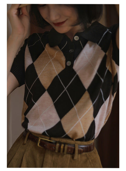 Scandinavian Argyle Pattern Retro Polo Knit