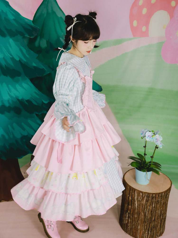 Cat Embroidery Drawstring Heart Layered Apron Dress【s0000007762】