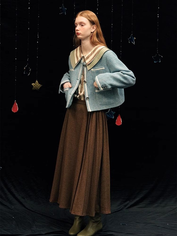 Tweed short jacket long pleated skirt suit【s0000005940】