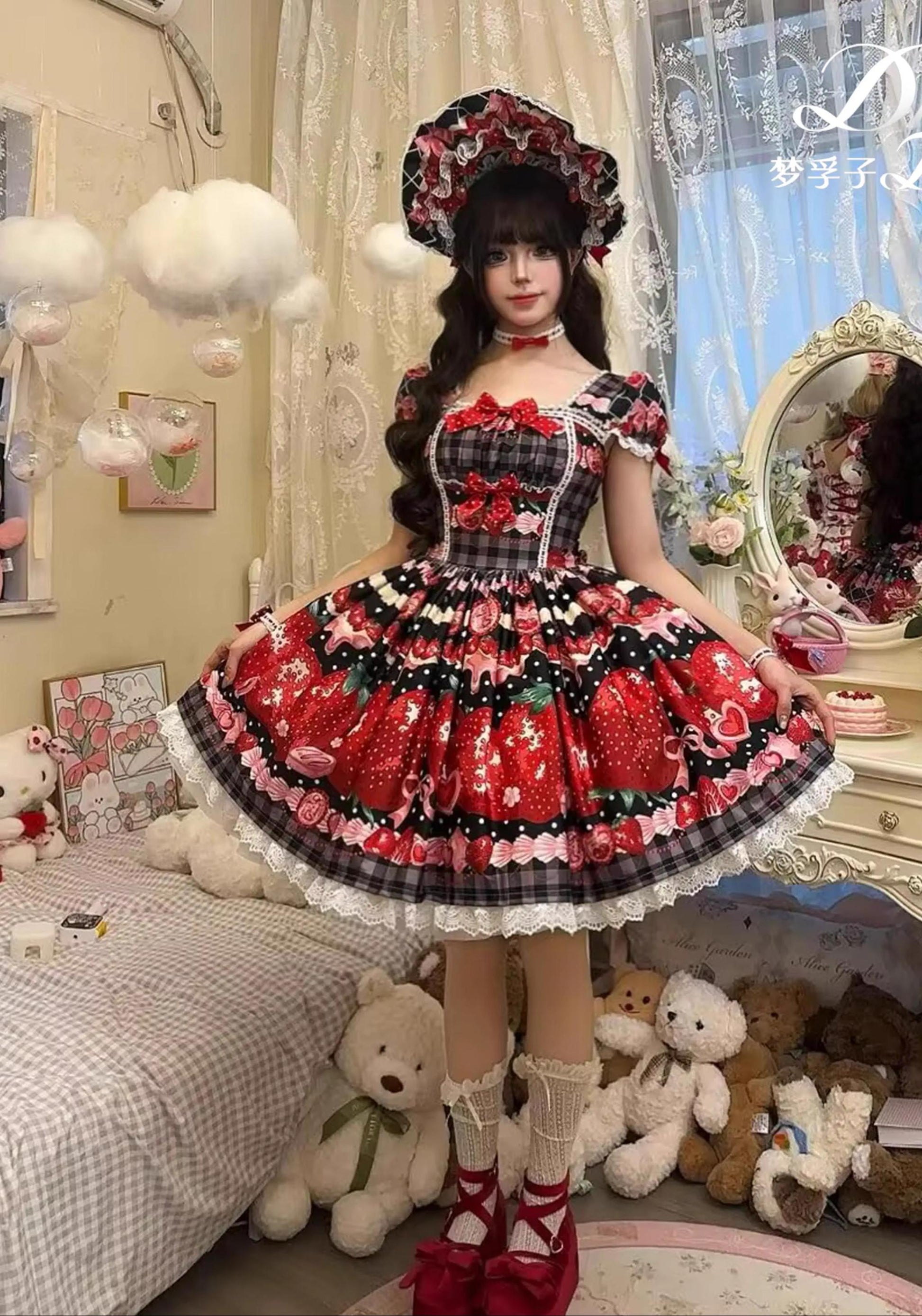 Mengfuzi - Strawberry - Sweet Lolita OP and JSK with Strawberry Print