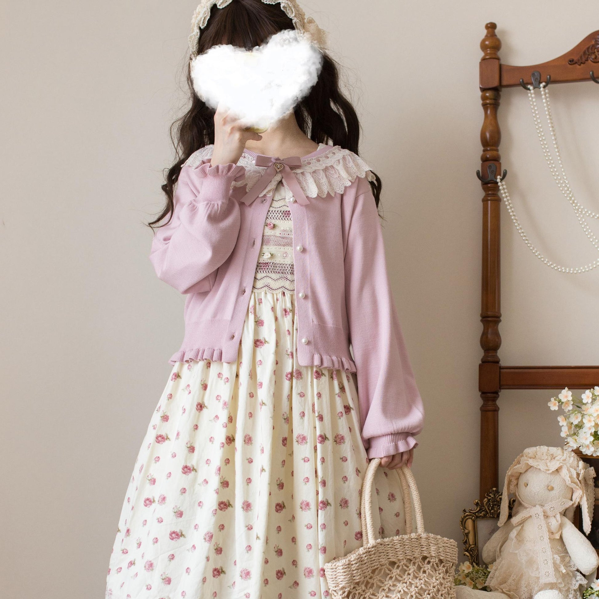 MIST - Graceful Dream - Retro Kawaii Lolita Sweater Cardigan, Ruffled Lace Neckline