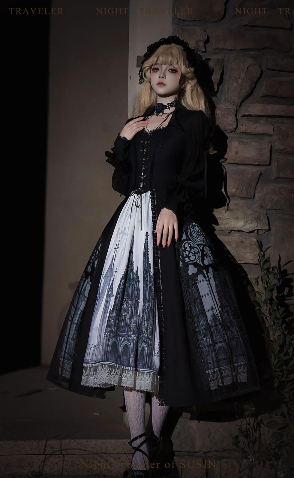 Susin Lolita - Night Traveler - Gothic Lolita Skirt Outfit Long Coat Shirt and Bustier Set