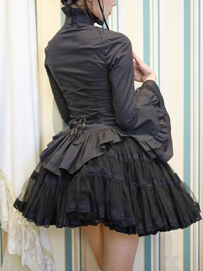 Lace Garden - Dark Angel - Gothic Lolita Shirt with Long Sleeve and Ruffled Long Tail