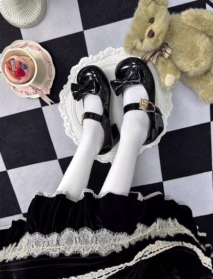Sheep Puff - Hug Bear - Sweet Lolita Heel Shoes Bear Metal Buckle Bow Shoes