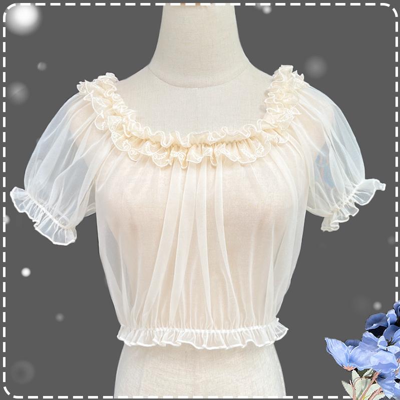 ZhiJinYuan - Daily Lolita Shirt Short Sleeve Sheer Mesh Off-Shoulder Blouse