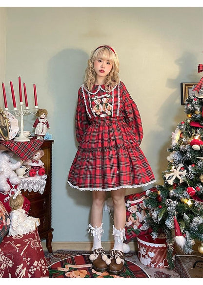 Labeau - Christmas Vintage Lolita Skirts Doll Collar Blouse Plaid Skirt Set