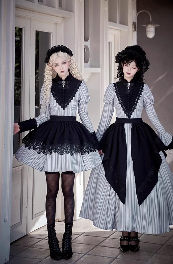 With PUJI - Nocturne SP - Striped Gothic Lolita OP Twin Lolita Dress with Apron