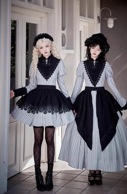 With PUJI - Nocturne SP - Striped Gothic Lolita OP Twin Lolita Dress with Apron