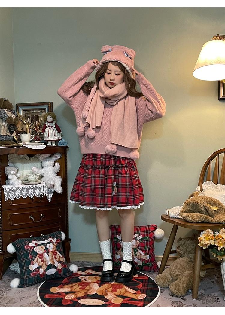 Labeau - Christmas Vintage Lolita Skirts Doll Collar Blouse Plaid Skirt Set