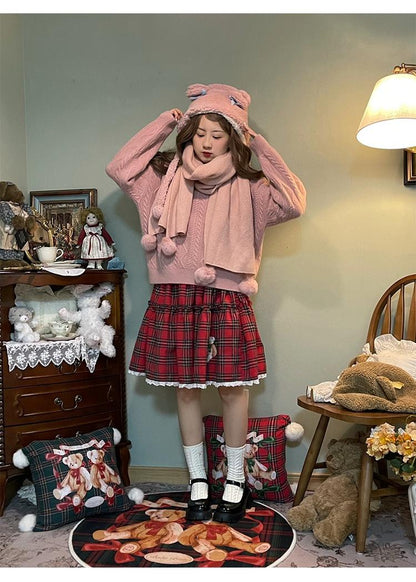 Labeau - Christmas Vintage Lolita Skirts Doll Collar Blouse Plaid Skirt Set