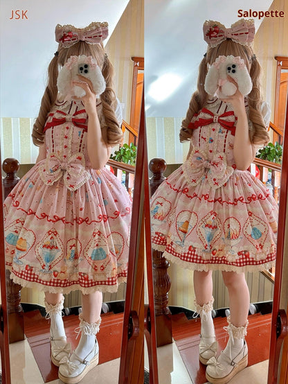 DreamWhale - Showa Dessert Showcase - Kawaii Lolita Dress Suit Pudding-Inspired JSK/Salopette