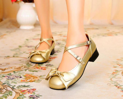 Sosic - Bow and Low Heel Cross Band Lolita Leather Shoes