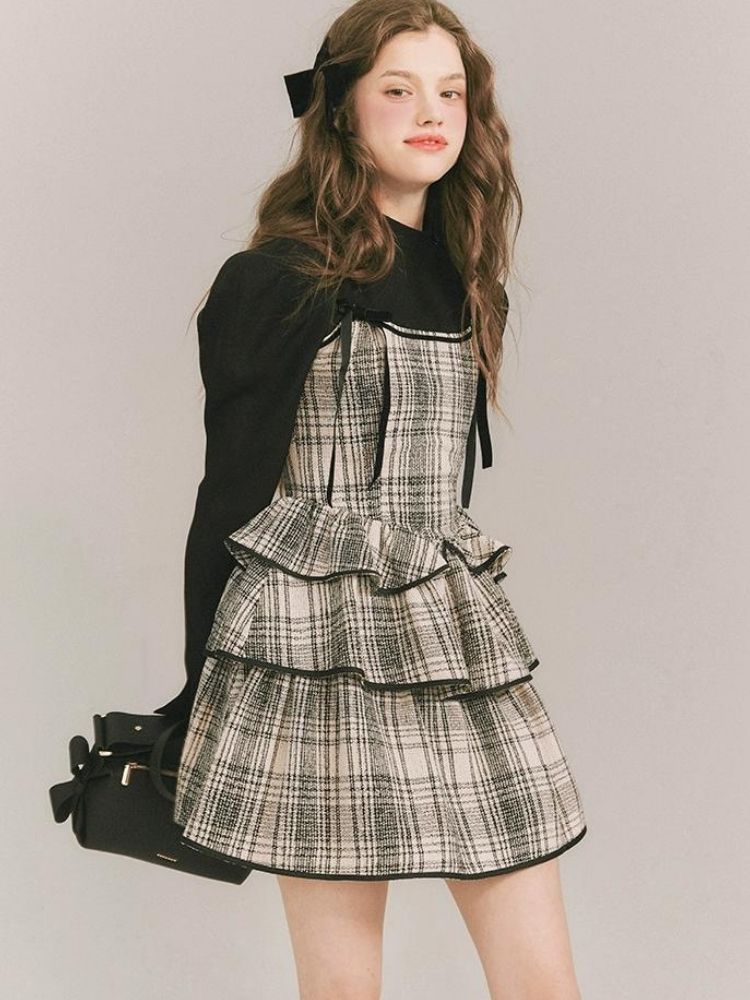 Plaid Cake Skirt Fake Two Piece Dress【s0000003231】