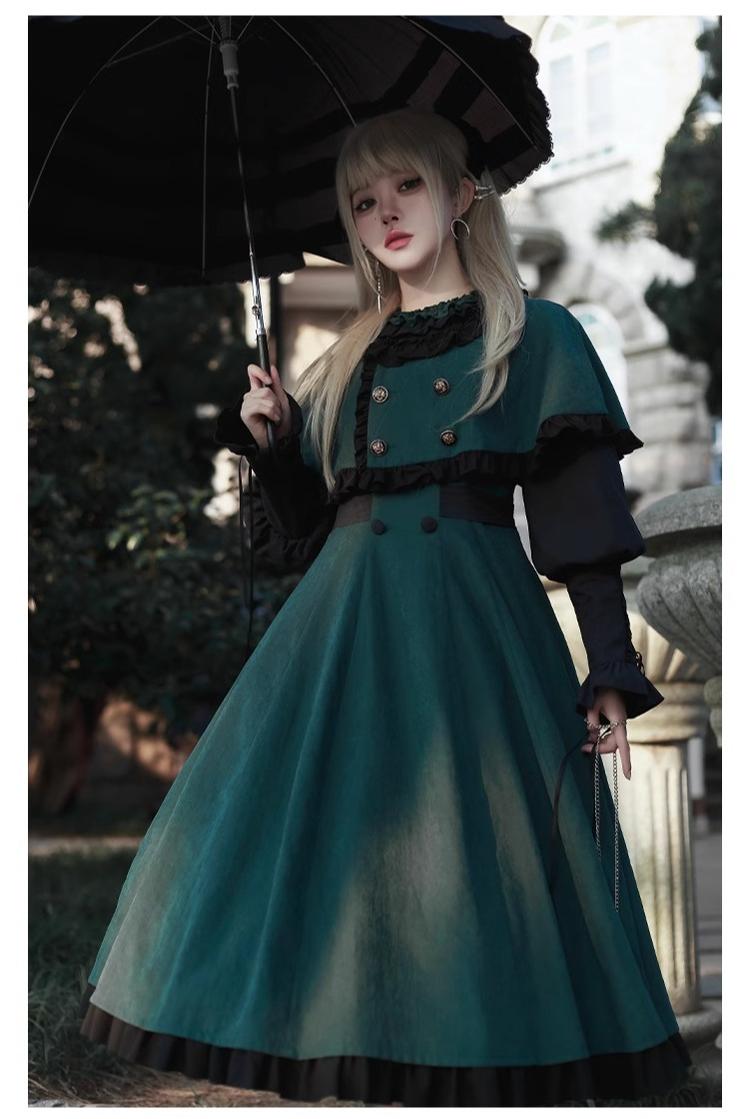 With PUJI - College of Potions - Elegantt Lolita OP Dress Black and Green Dress with Cape