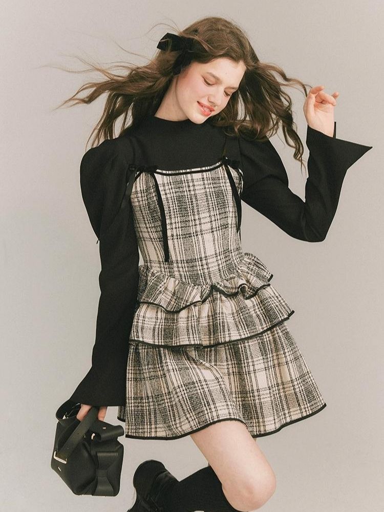 Plaid Cake Skirt Fake Two Piece Dress【s0000003231】