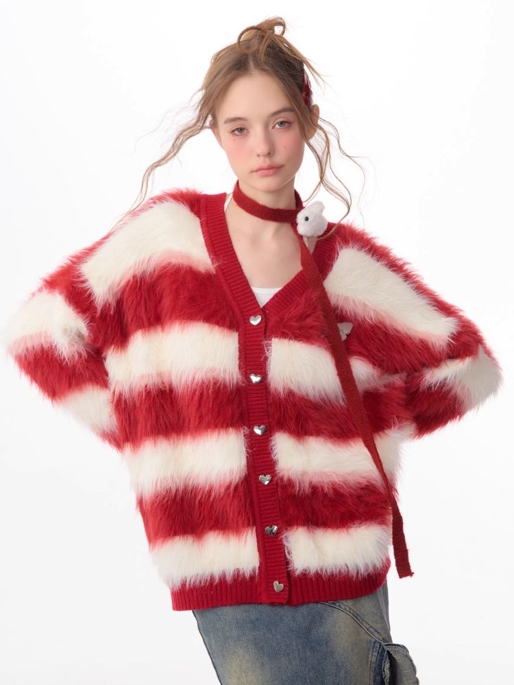 Sticky Chunky Red Striped Knit Sweater Cardigan【s0000006174】