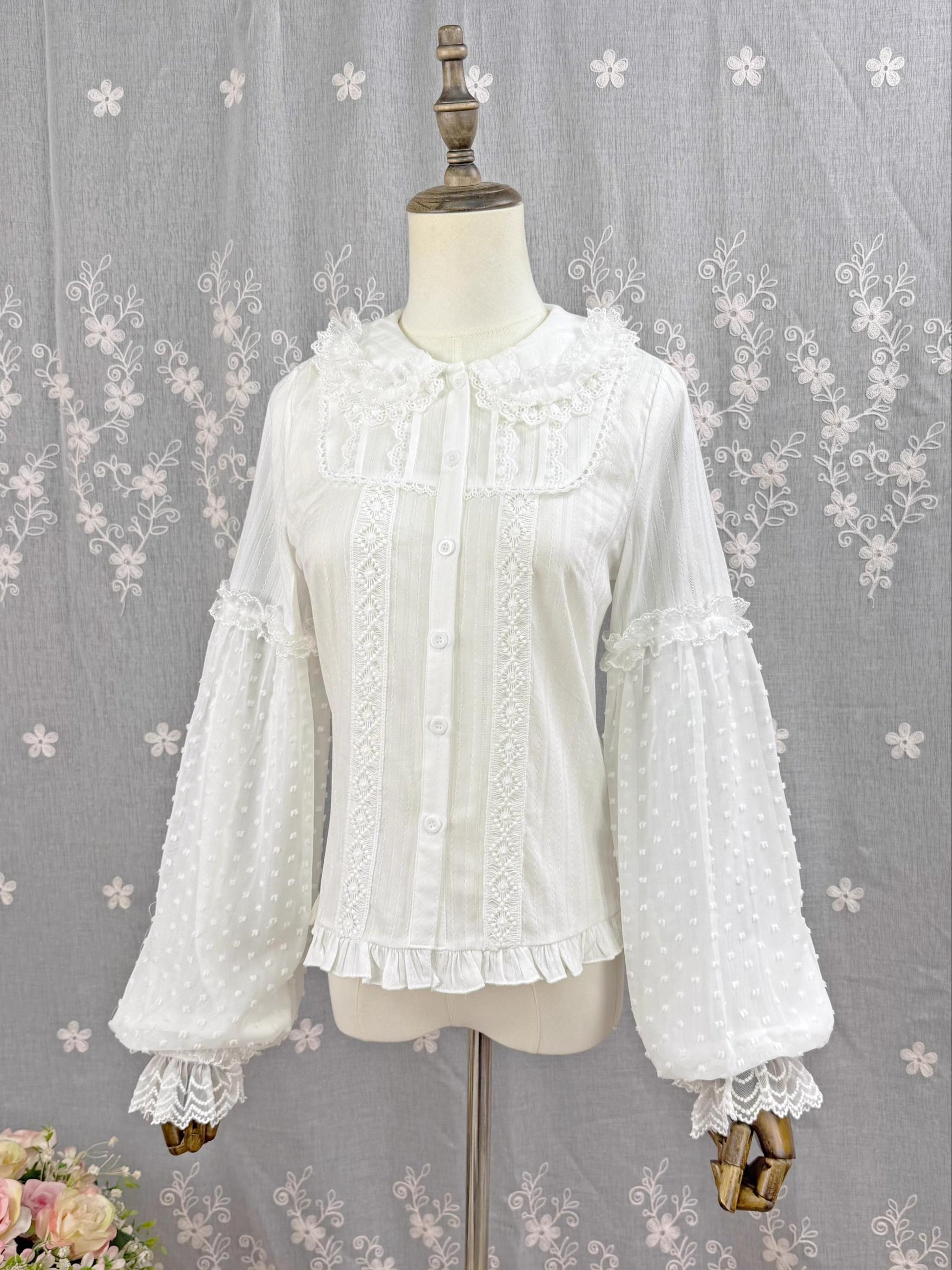 DMFS Lolita - Spiral Candy - Sweet Lolita Long Sleeve Cotton Shirt, Lace Accents