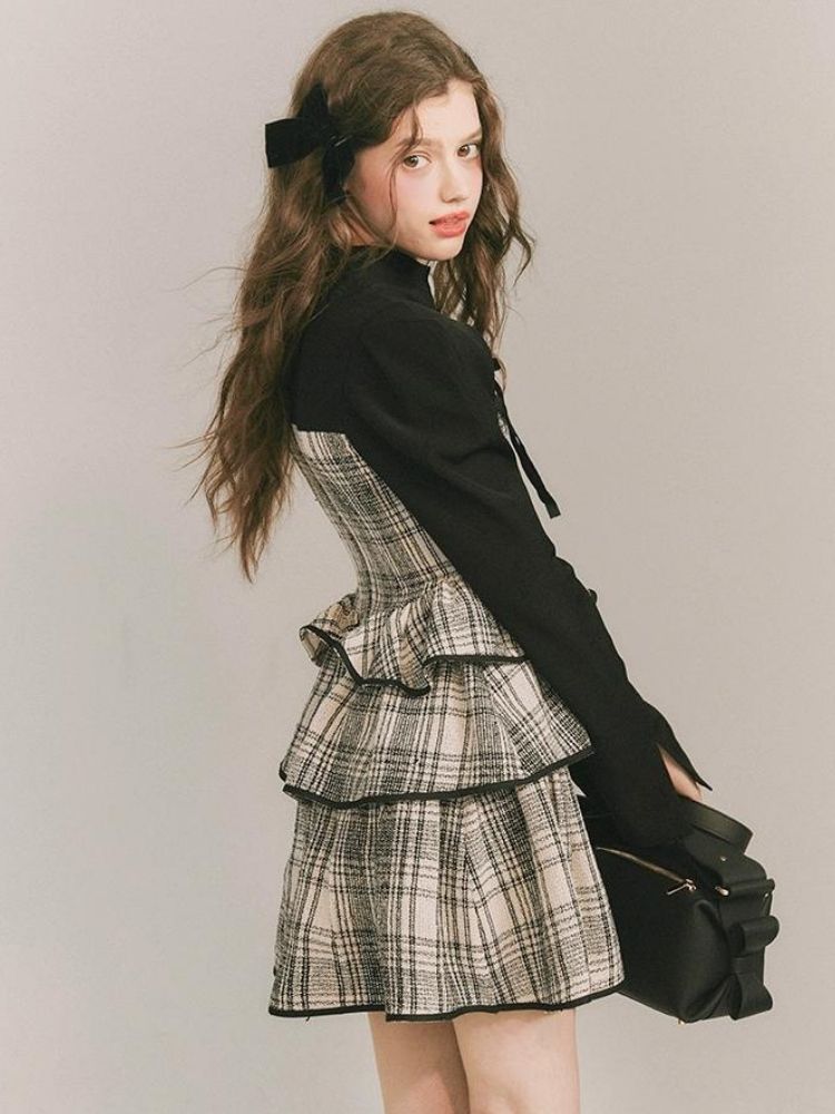 Plaid Cake Skirt Fake Two Piece Dress【s0000003231】