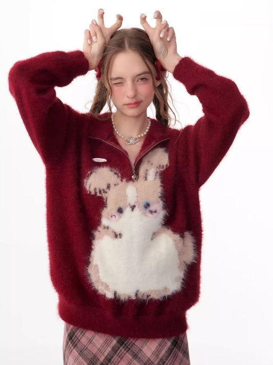 Half High Neck Plush Rabbit Red Sweater【s0000006166】