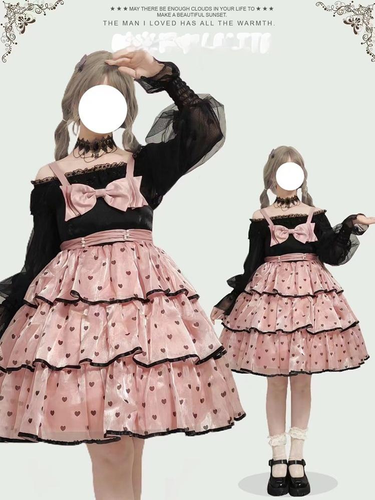 Time Memory - Layered Heart - Sheer Classic Shirt with Mutton Sleeves & Polka Dot