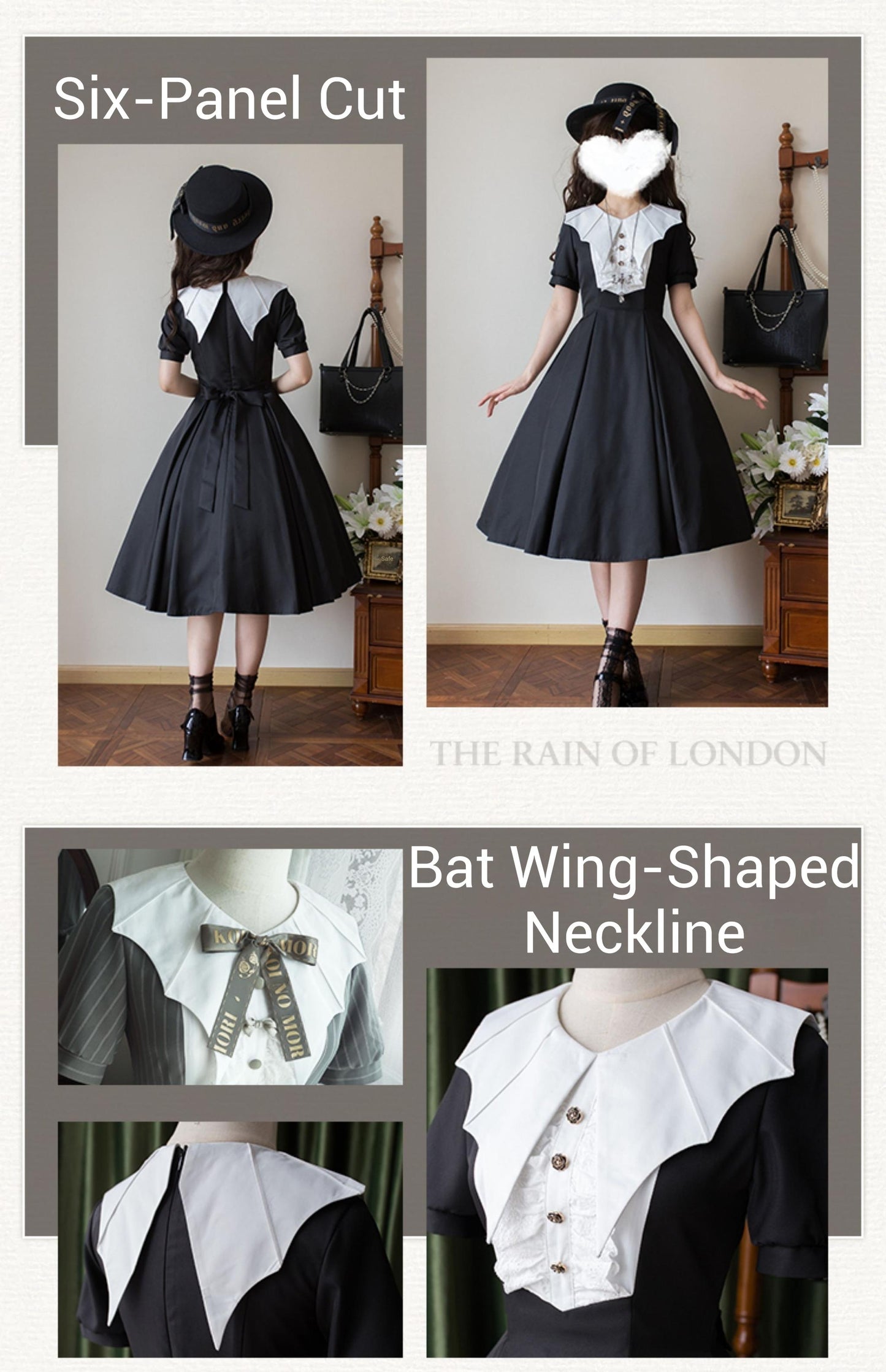 Forest Fluorescent Carps - The Rain of London - Elegant Lolita OP Dress, Bat Wing-Shaped Neckline