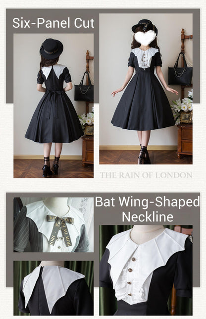 Forest Fluorescent Carps - The Rain of London - Elegant Lolita OP Dress, Bat Wing-Shaped Neckline