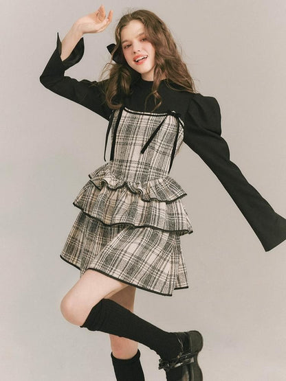 Plaid Cake Skirt Fake Two Piece Dress【s0000003231】