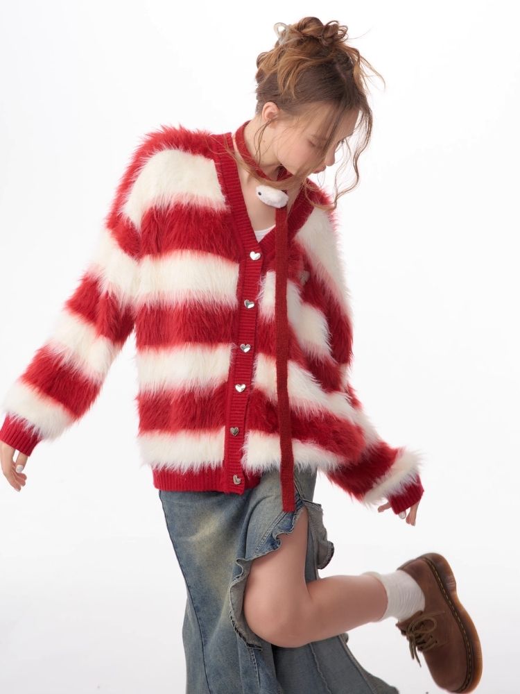 Sticky Chunky Red Striped Knit Sweater Cardigan【s0000006174】