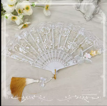 Cocoa Jam - Han Lolita Fan Decorative Folding Fan with Butterfly and Flowers Tassel