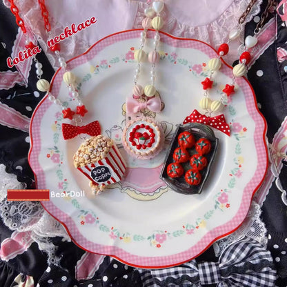 Bear Doll - Sweet Lolita Necklace Cute Beaded Cake Popcorn Tomato Shape Accessories