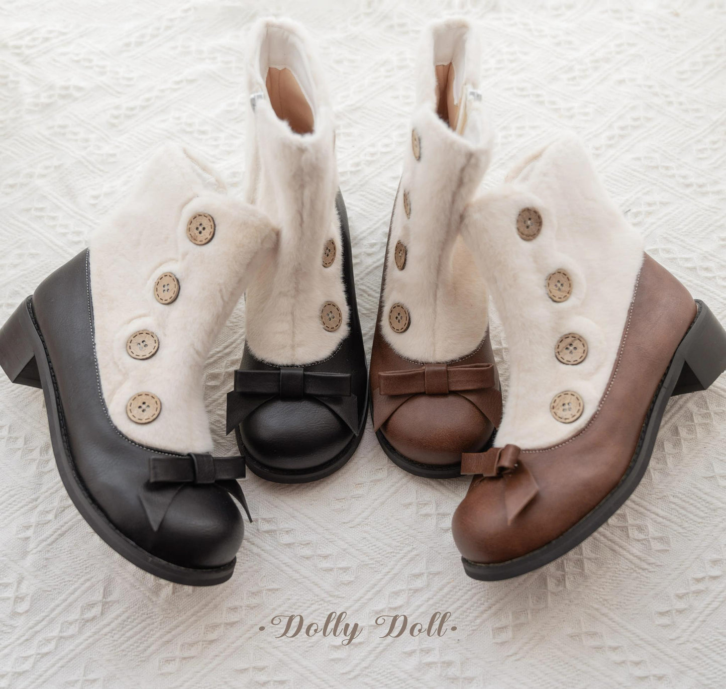 Dolly Doll - Winter Lolita Boots Fur Mary Jane Lolita Low Heel Shoes