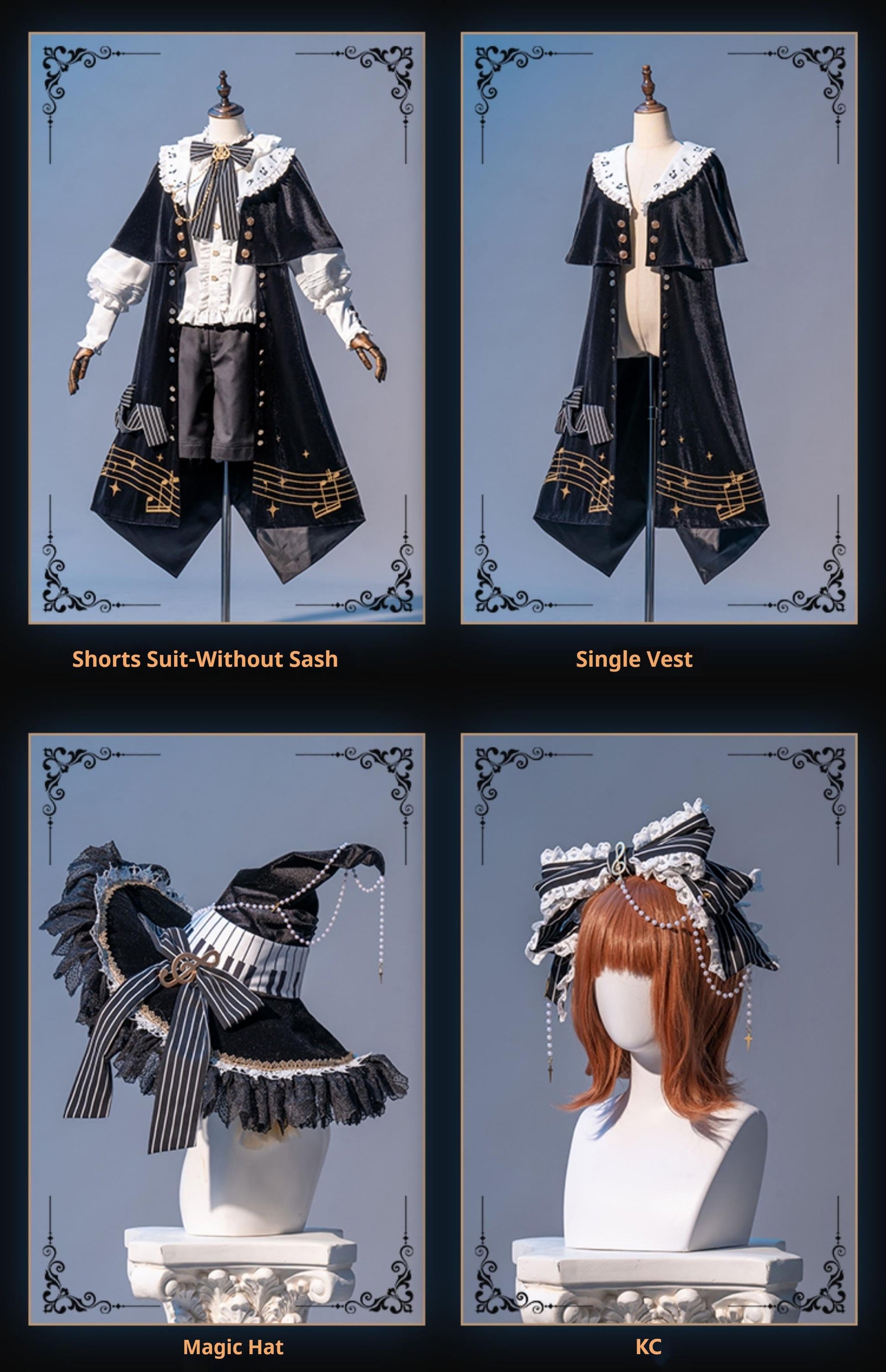 Forest Fluorescent Carps - Black and White Sonata - Ouji Lolita Vest Suit and Vintage Lolita OP Dress