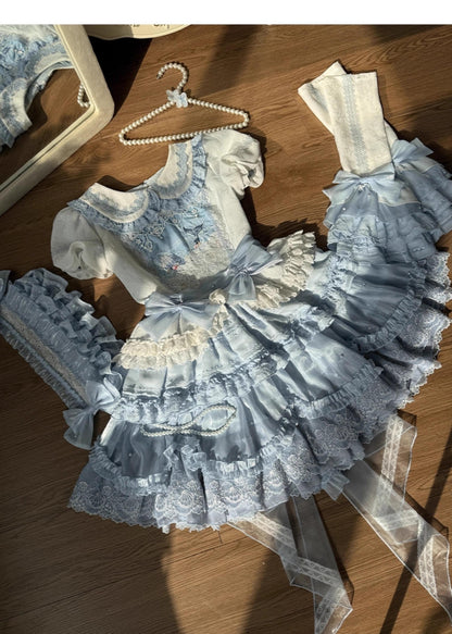 Honey Machine - Blue Whale - Sweet Lolita OP Suit Tiered Ruffle Dress with Shell Lace