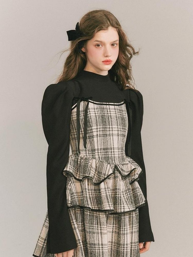 Plaid Cake Skirt Fake Two Piece Dress【s0000003231】