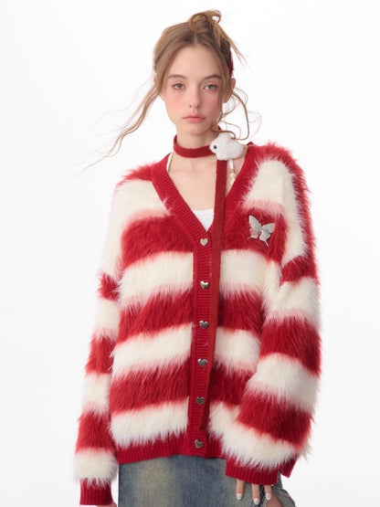 Sticky Chunky Red Striped Knit Sweater Cardigan【s0000006174】